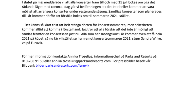 Inga konserter på Furuvik sommaren 2020