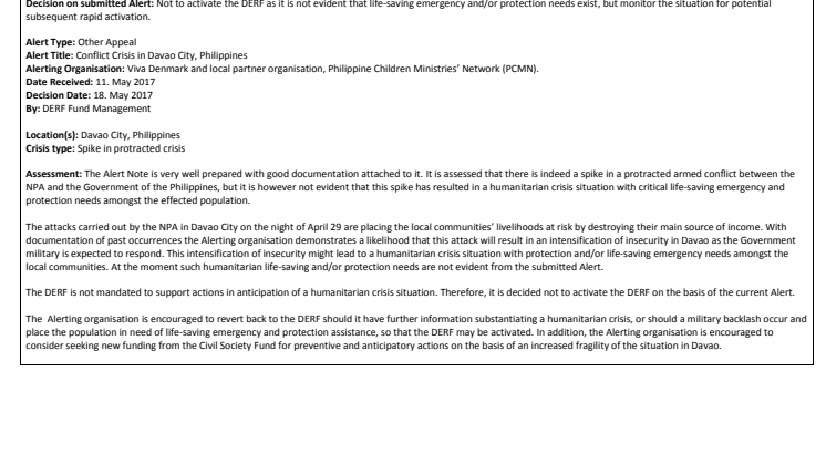 Alert Note:  Philippines: Spike in long standing armed conflict in Davao City (17-004 SP)