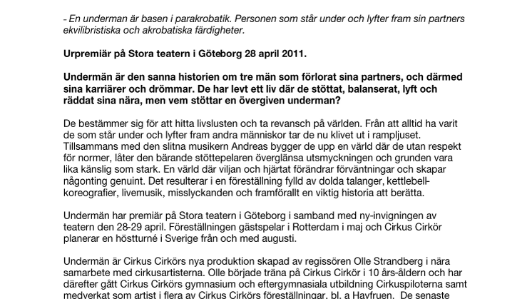 Cirkus Cirkör presenterar en ny produktion: UNDERMÄN