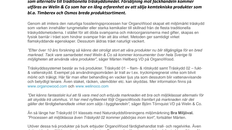 Welin & Co inleder partnerskap med OrganoWood