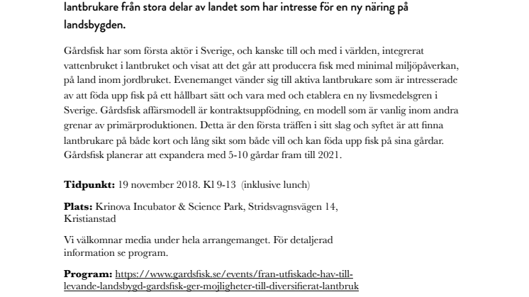 Pressinbjudan: Ny livsmedelsgren tar form när över 100 lantbrukare kommer till Krinova för att ta nästa steg mot fiskuppfödning