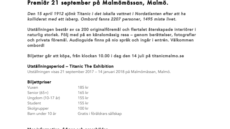 Biljettsläpp för Titanic The Exhibition i dag