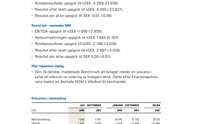 Benchmark Oil & Gas, Delårsrapport januari-september 2008