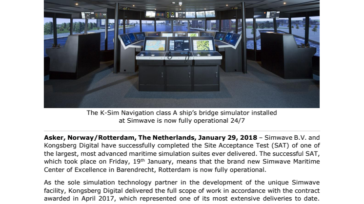 Kongsberg Digital: Simwave Maritime Center of Excellence Opens Following Successful Site Acceptance Test