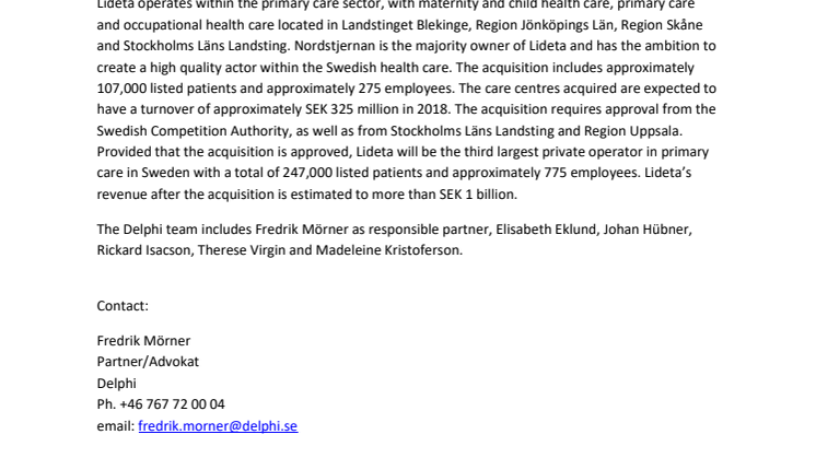 Delphi advisor to Lideta in the acquisition of primary health care centres from Aleris