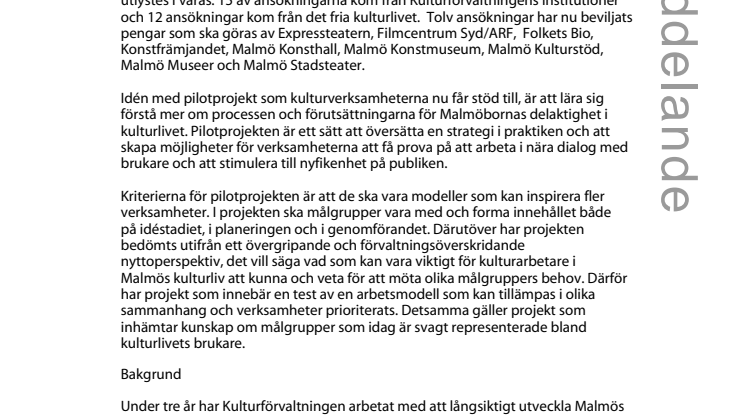 Pengar till pilotprojekt i kulturlivet