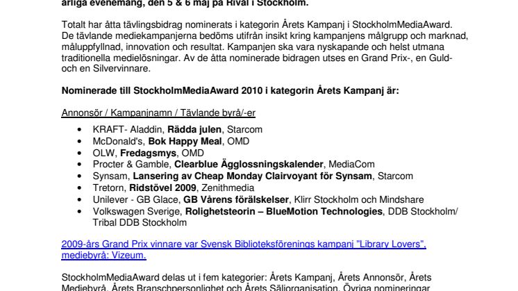StockholmMediaAward 2010: Nomineringarna klara till Årets Kampanj