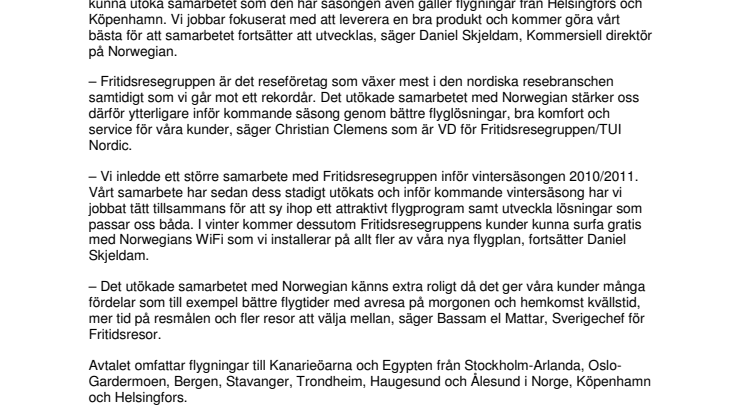 Fritidsresor och Norwegian ingår nytt miljonavtal