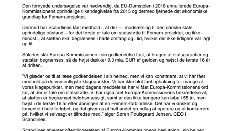 Scandlines hilser præciserende Femern-godkendelse velkommen