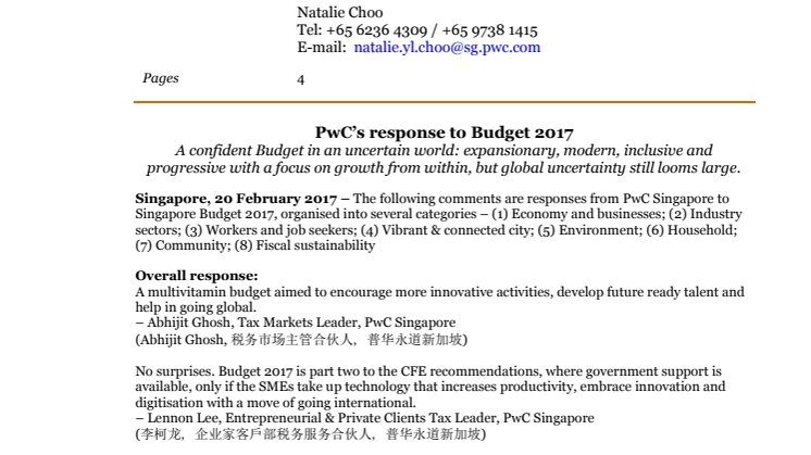 PwC’s response to Budget 2017