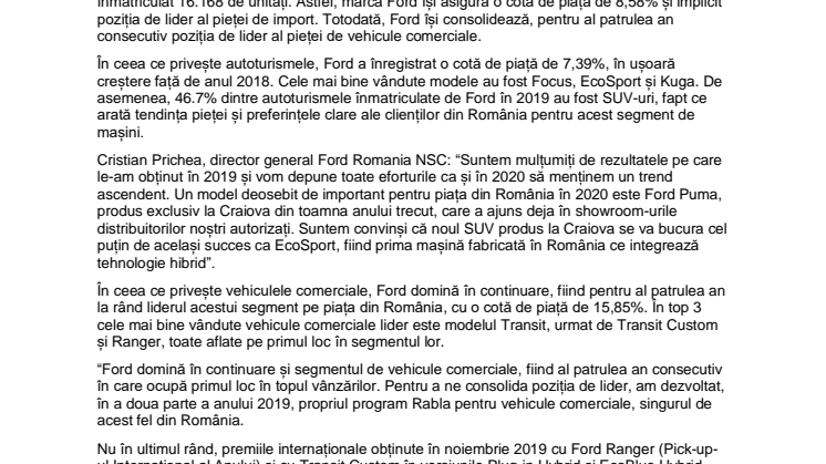 Ford – cea mai bine vândută marcă de import din România în 2019 și lider al pieței de vehicule comerciale 