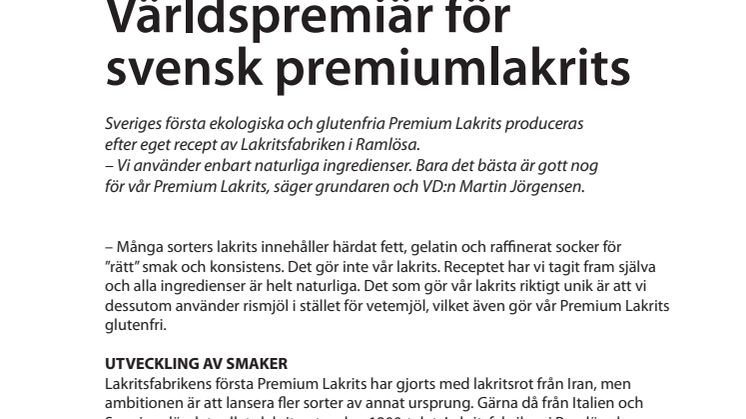NY KVALITETSLAKRITS FRÅN RAMLÖSA - Världspremiär för svensk premiumlakrits
