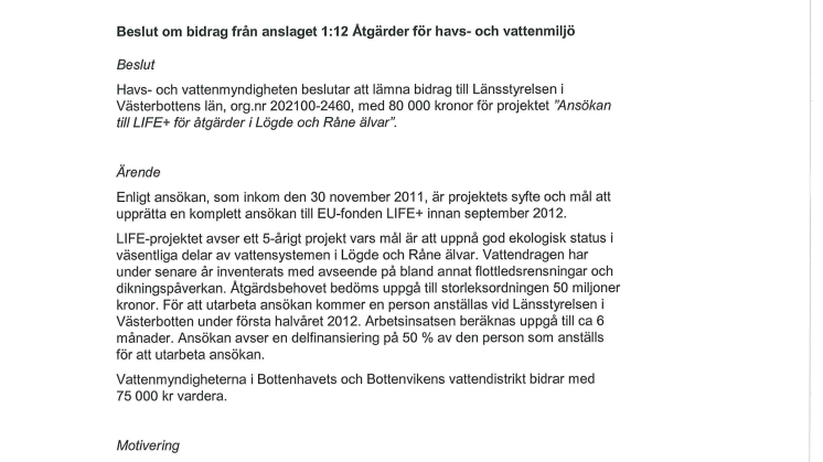 Beslut LIFE+, Lödge och Råne älvar