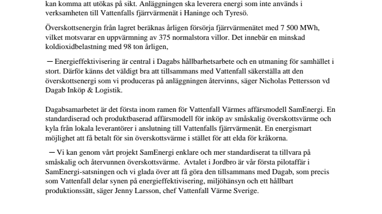 Dagab och Vattenfall ingår energisamarbete i värme