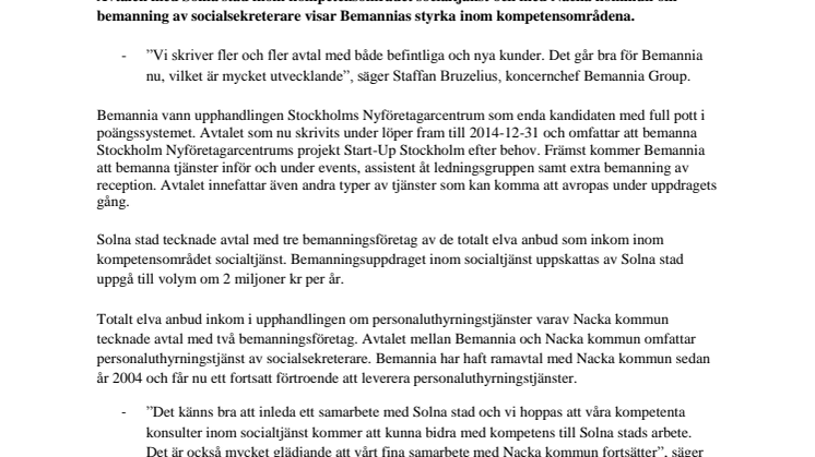 Bemannia skriver avtal med Stockholms Nyföretagarcentrum, Solna Stad och Nacka kommun 