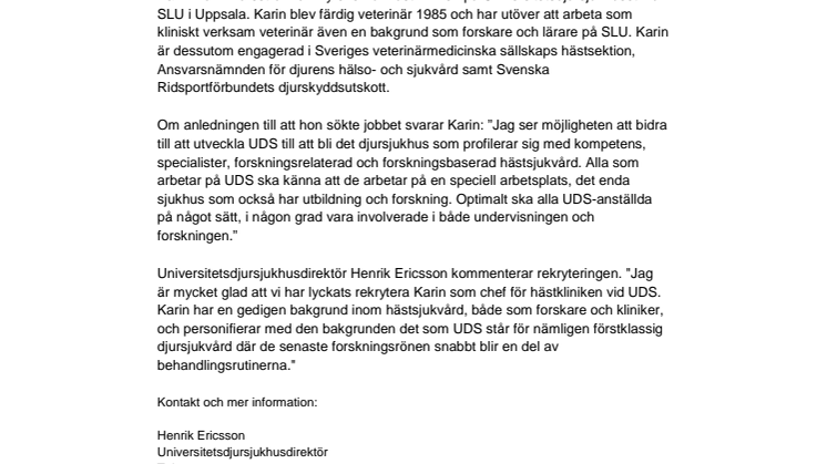 Karin Holm Forsström blir ny chef på Universitetsdjursjukhusets hästklinik 