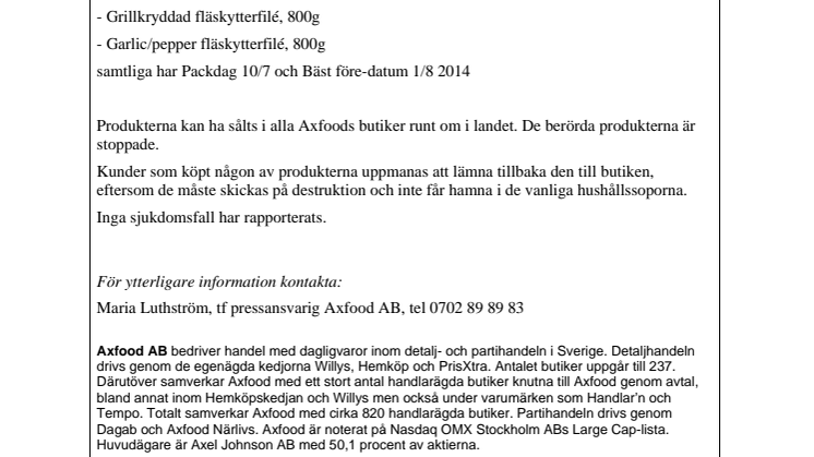 Fläskytterfilé med risk för Salmonella återkallas