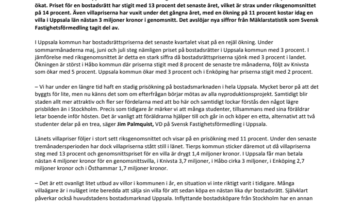 Bostadsmarknaden fortsätter uppåt i Uppsala
