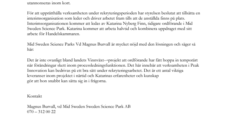 Mid Sweden Science Park påbörjar rekrytering av processledning till Peak Innovation