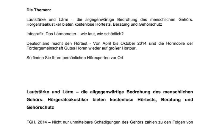 Tag gegen Lärm am 30. April 2014 – Sonderpressedienst der Fördergemeinschaft Gutes Hören