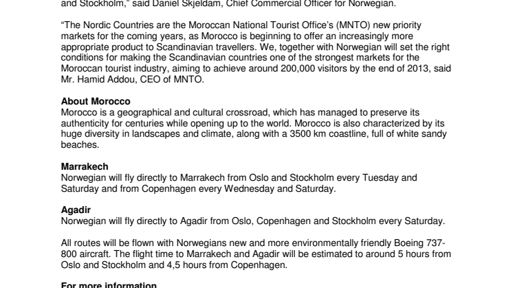 Norwegian with more flights to Morocco