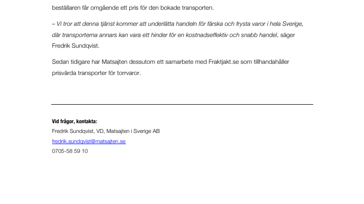 Ny frakttjänst för kyl- och frysvaror på Matsajten