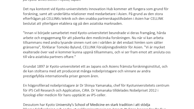 CELLINK öppnar kontor på Kyoto University i Japan