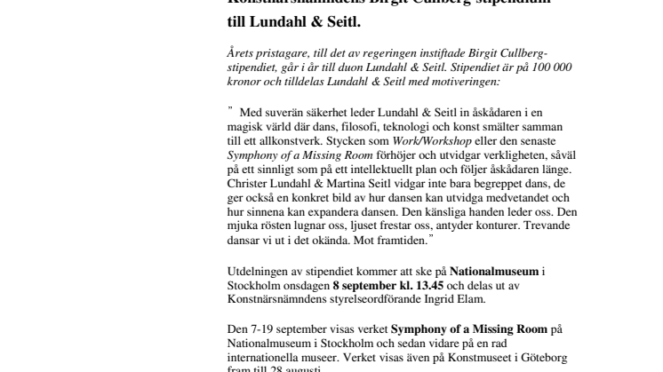 Konstnärsnämndens Birgit Cullberg-stipendium till Lundahl och Seitl