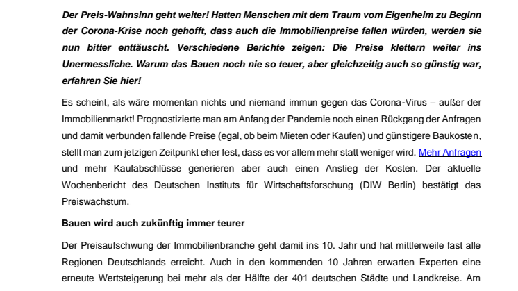 Bauen ist derzeit so teuer und so günstig wie noch nie! – Preisaufschwung wird erwartet
