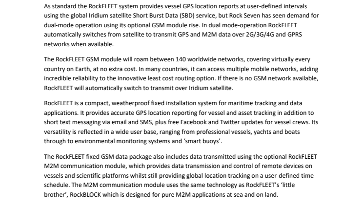 Rock Seven: Fixed Monthly GSM Tariff Introduced for RockFLEET Dual-Mode Vessel Tracking System 
