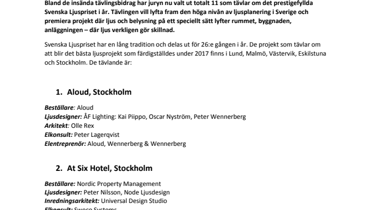 Elva projekt tävlar om Svenska Ljuspriset