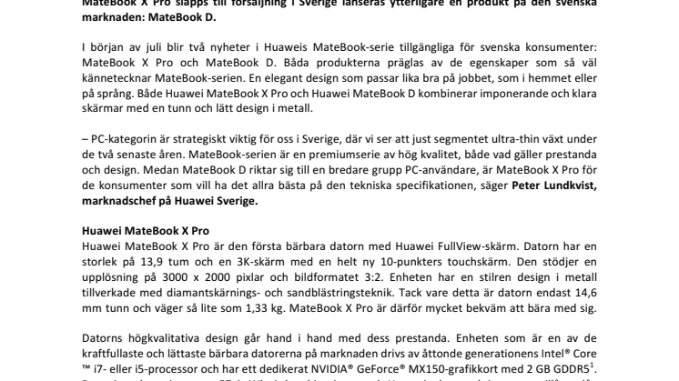 Eleganta på utsidan, kraftfulla på insidan: HUAWEI MateBook X Pro och MateBook D  till försäljning i Sverige