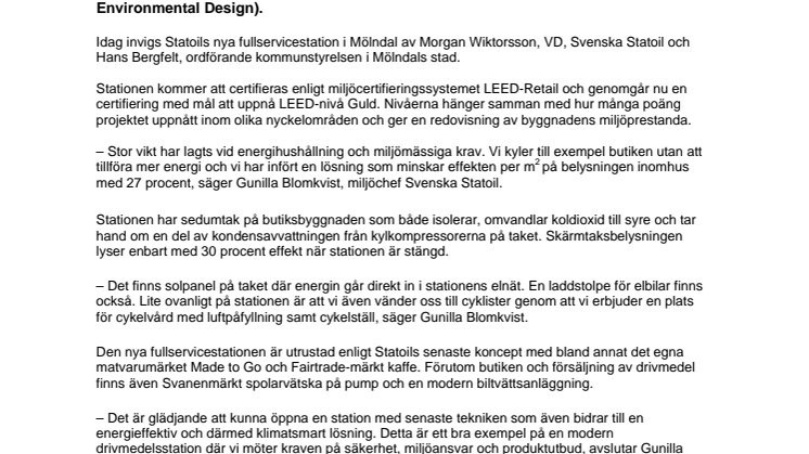 Statoil inviger Nordens första drivmedelsstation som certifieras enligt LEED