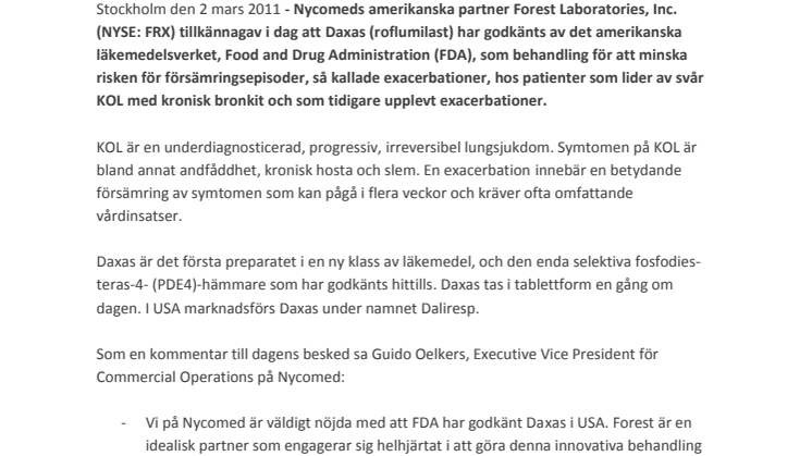 Nycomeds nya KOL-läkemedel Daxas godkänt av FDA