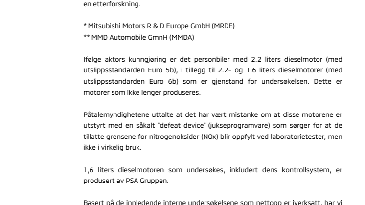 Vedrørende etterforskning av biler med dieselmotor i Tyskland