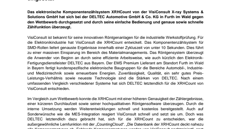 VisiConsults Komponentenzählsystem wird zukünftig bei DELTEC eingesetzt