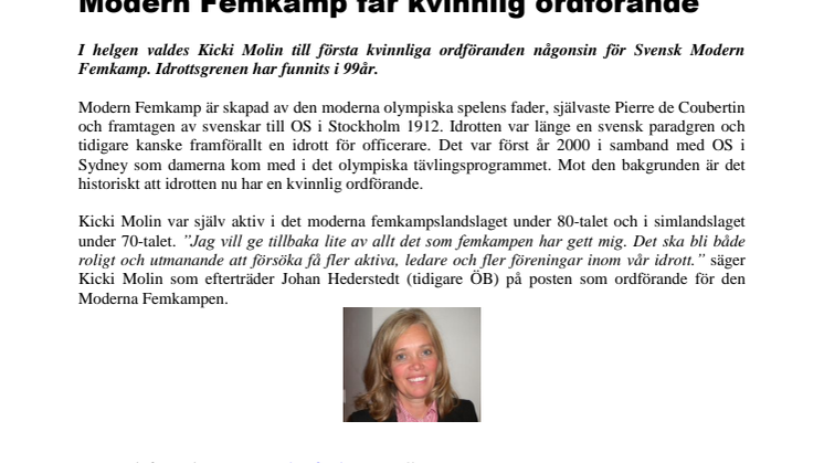 Kvinna ersätter ÖB som ordförande i Modern Femkamp