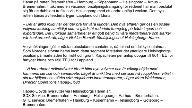 ​Rederiet Hapag-Lloyd dubblerar sina anlöp i Helsingborgs Hamn