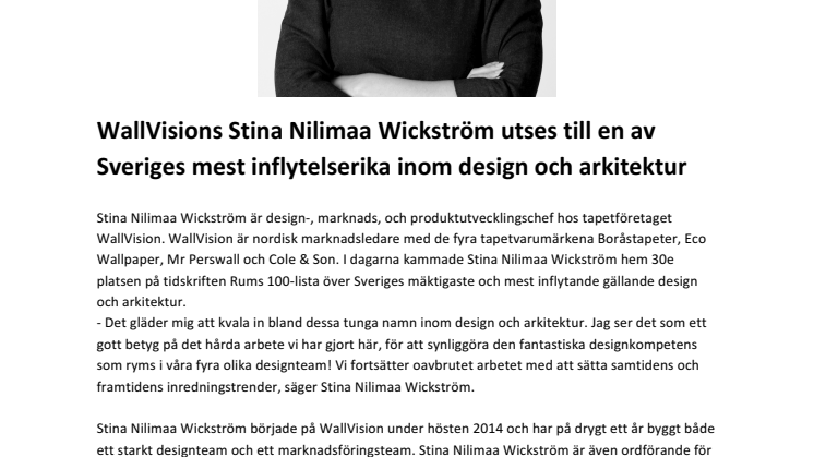 ​WallVisions Stina Nilimaa Wickström utses till en av Sveriges mest inflytelserika inom design och arkitektur