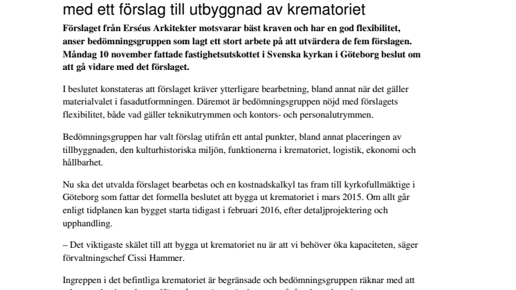 ​Svenska kyrkan i Göteborg går vidare med ett förslag till utbyggnad av krematoriet