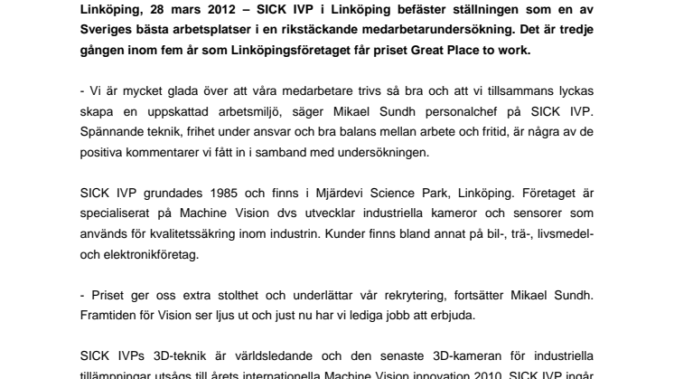 SICK IVP utsedd till en av Sveriges bästa arbetsplatser