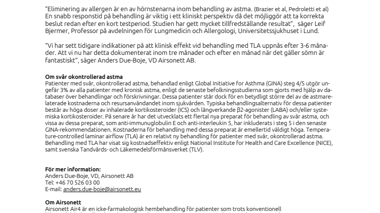 Airsonett Air4 ger astmapatienter förbättrad livskvalitet efter 3 månaders behandling