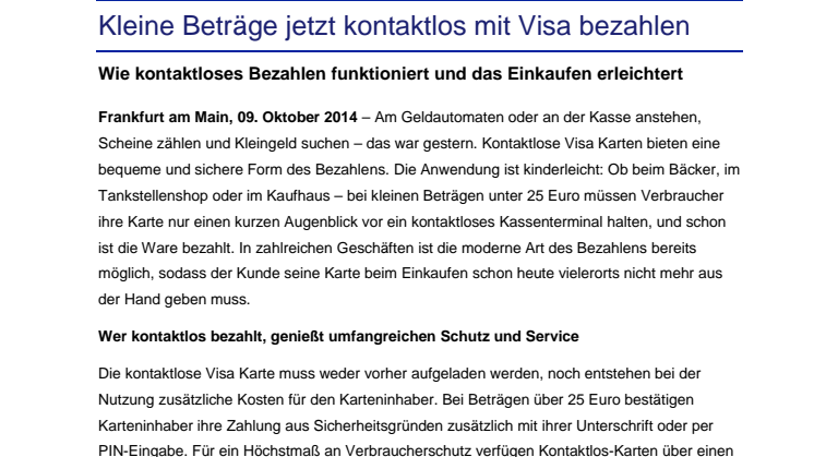 Kleine Beträge jetzt kontaktlos mit Visa bezahlen