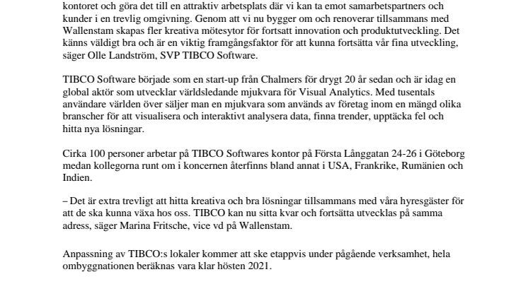 TIBCO växer till nästan 2 700 kvadratmeter hos Wallenstam
