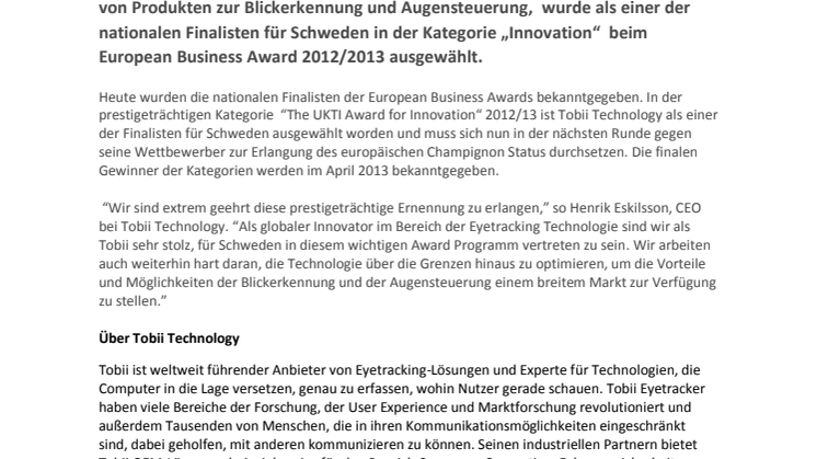 Tobii ausgewählt als Top Innovator in Schweden beim European Business Award 2012/13