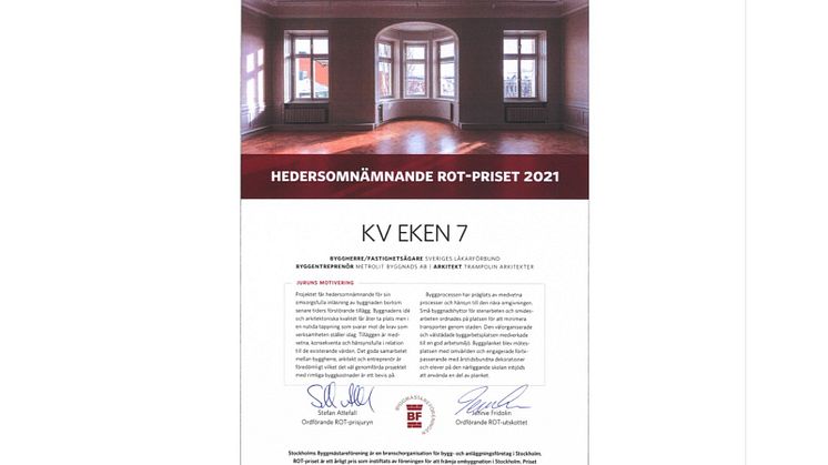 Kv Eken 7, Hedersomnämnande ROT-priset 2021