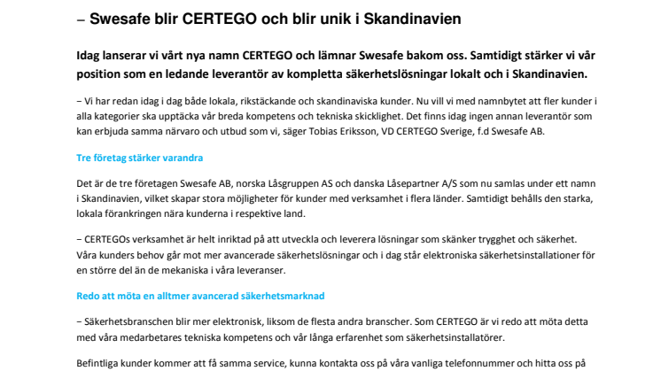 Swesafe byter namn till CERTEGO och blir unik i Skandinavien