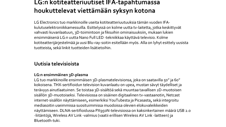 LG:n kotiteatteriuutiset IFA-tapahtumassa houkuttelevat viettämään syksyn kotona 