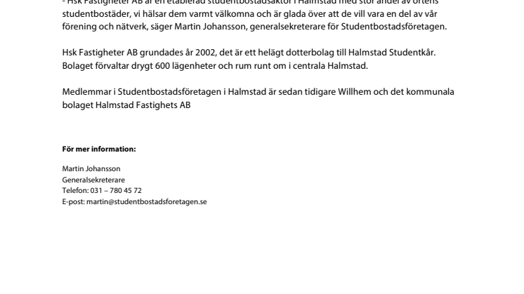  HSK fastigheter AB ny medlem i Studentbostadsföretagen