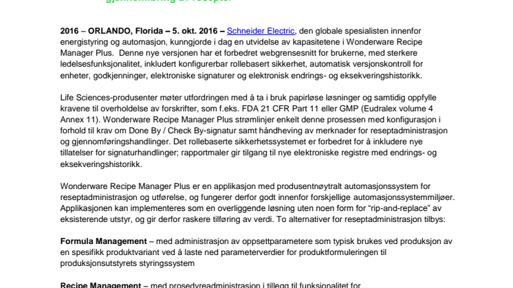 Schneider Electric utvider omfanget av Wonderware Recipe Manager Plus